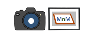 A logo with a camera. On the right of it, a photo frame with a picture of a picture print with our company initials MnM.